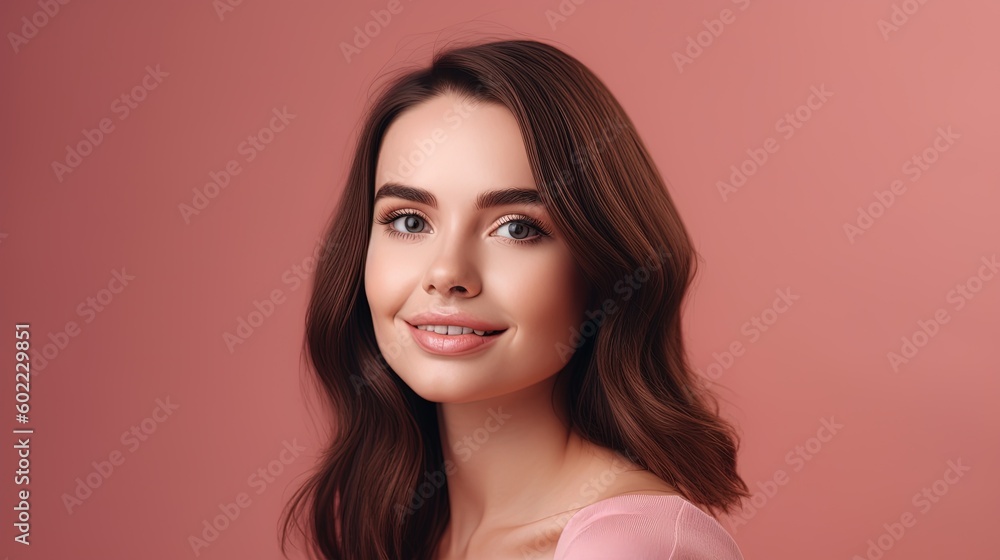 Portrait of beautiful young woman with clean fresh skin on pink background.Generative Ai