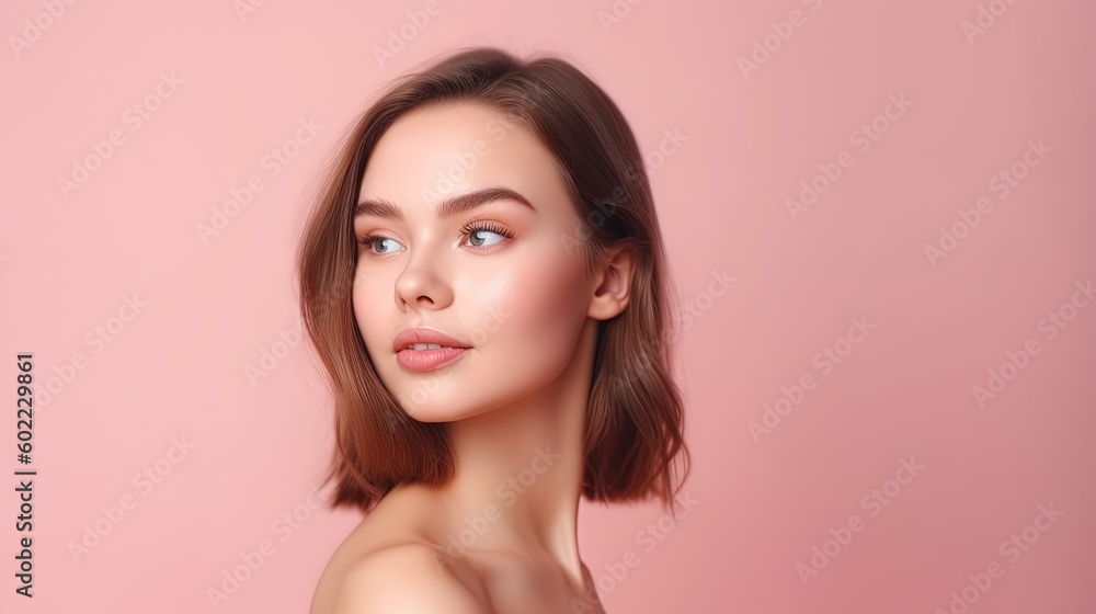 Portrait of beautiful young woman with clean fresh skin on pink background.Generative Ai Portrait of beautiful young woman with clean fresh skin on pink background.Generative Ai