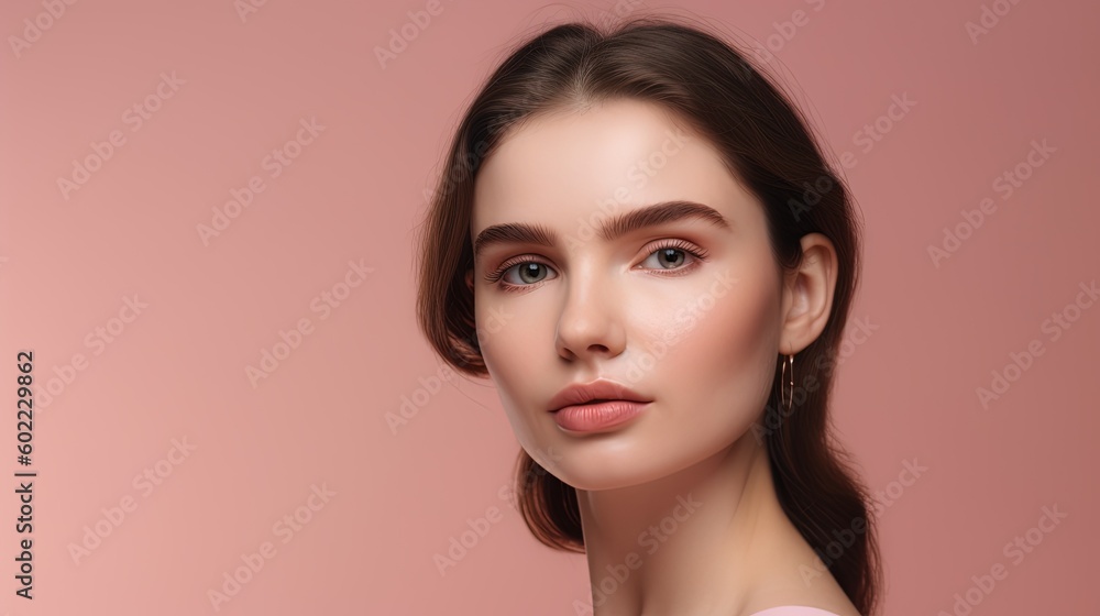 Portrait of beautiful young woman with clean fresh skin on pink background.Generative Ai Portrait of beautiful young woman with clean fresh skin on pink background.Generative Ai