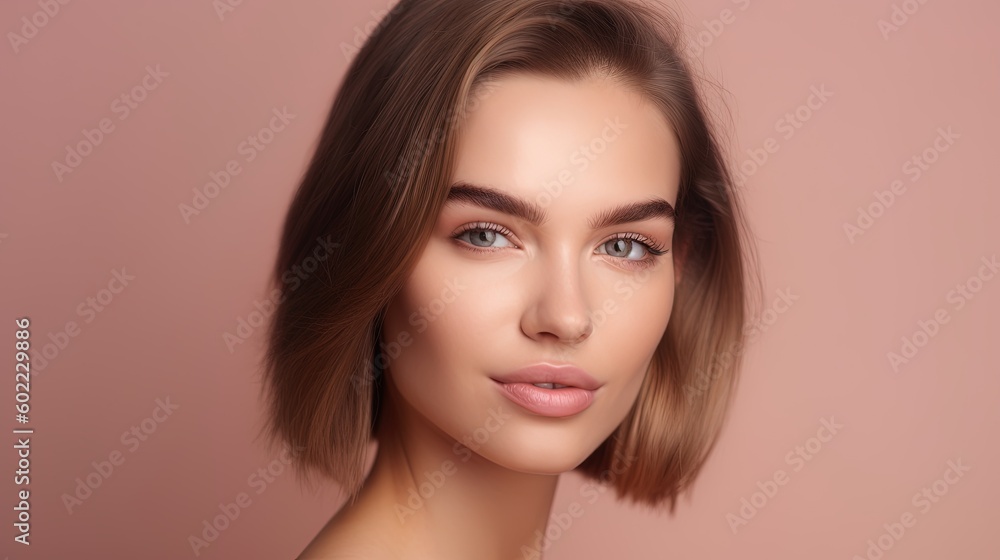 Portrait of beautiful young woman with clean fresh skin on pink background.Generative Ai Portrait of beautiful young woman with clean fresh skin on pink background.Generative Ai