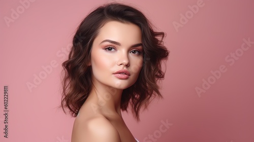 Wallpaper Mural Portrait of beautiful young woman with clean fresh skin on pink background.Generative Ai Torontodigital.ca