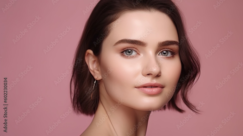 Fototapeta premium Portrait of beautiful young woman with clean fresh skin on pink background.Generative Ai