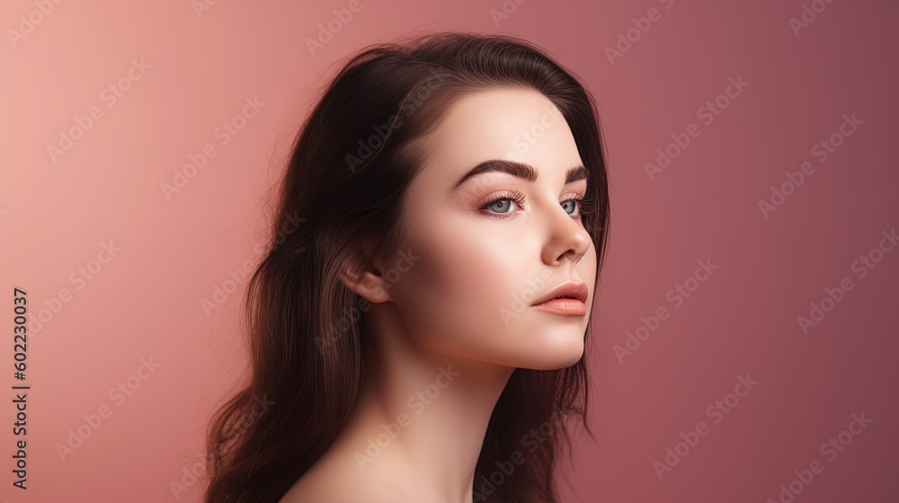 Portrait of beautiful young woman with clean fresh skin on pink background.Generative Ai Portrait of beautiful young woman with clean fresh skin on pink background.Generative Ai