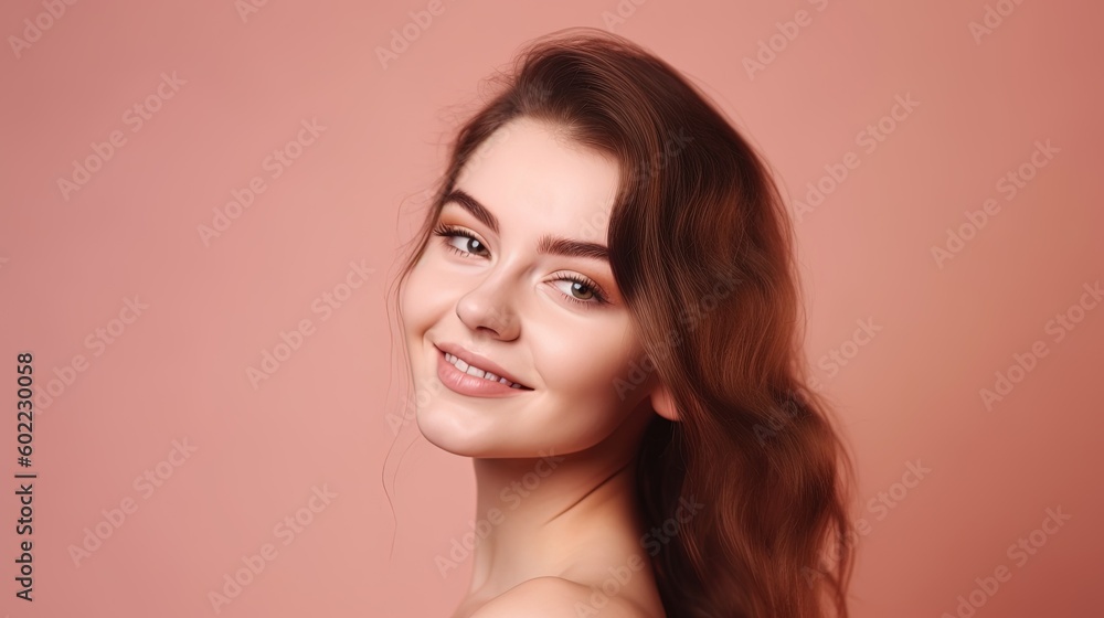 Portrait of beautiful young woman with clean fresh skin on pink background.Generative Ai Portrait of beautiful young woman with clean fresh skin on pink background.Generative Ai