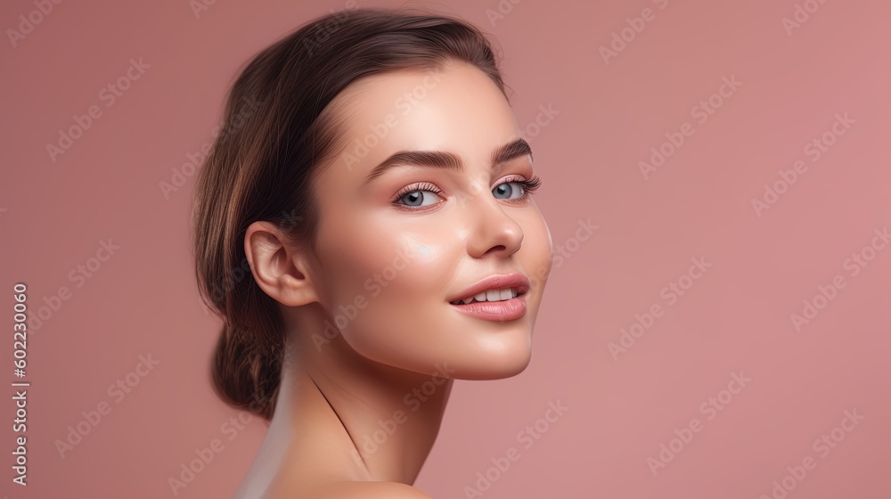 Portrait of beautiful young woman with clean fresh skin on pink background.Generative Ai Portrait of beautiful young woman with clean fresh skin on pink background.Generative Ai