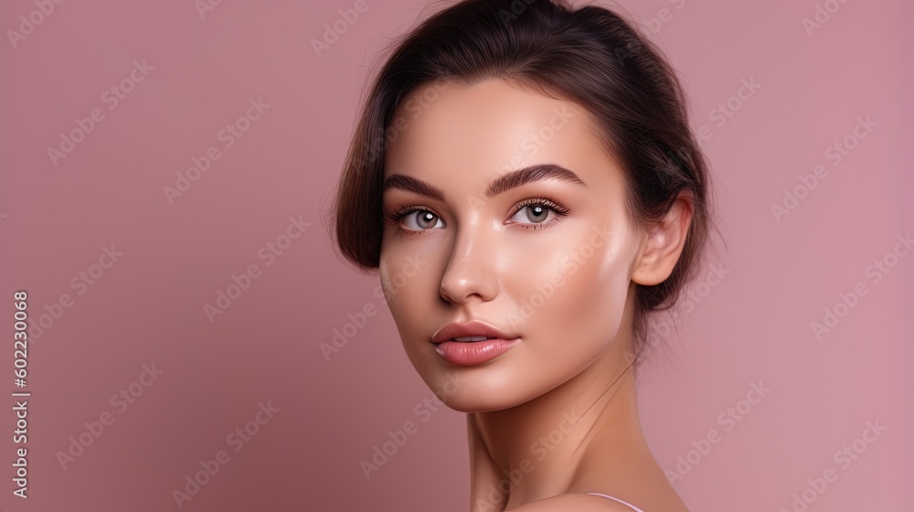 Portrait of beautiful young woman with clean fresh skin on pink background.Generative Ai Portrait of beautiful young woman with clean fresh skin on pink background.Generative Ai