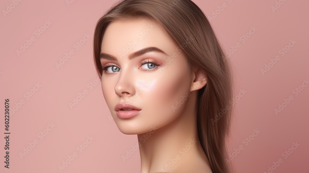 Portrait of beautiful young woman with clean fresh skin on pink background.Generative Ai Portrait of beautiful young woman with clean fresh skin on pink background.Generative Ai
