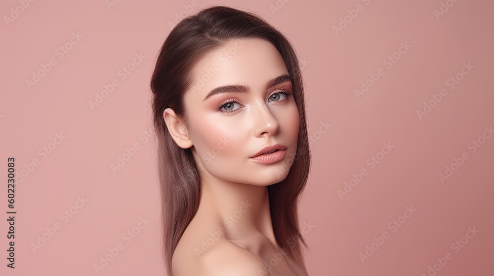 Naklejka premium Portrait of beautiful young woman with clean fresh skin on pink background.Generative Ai