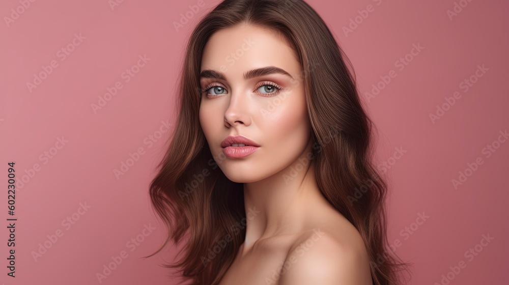 Portrait of beautiful young woman with clean fresh skin on pink background.Generative Ai Portrait of beautiful young woman with clean fresh skin on pink background.Generative Ai