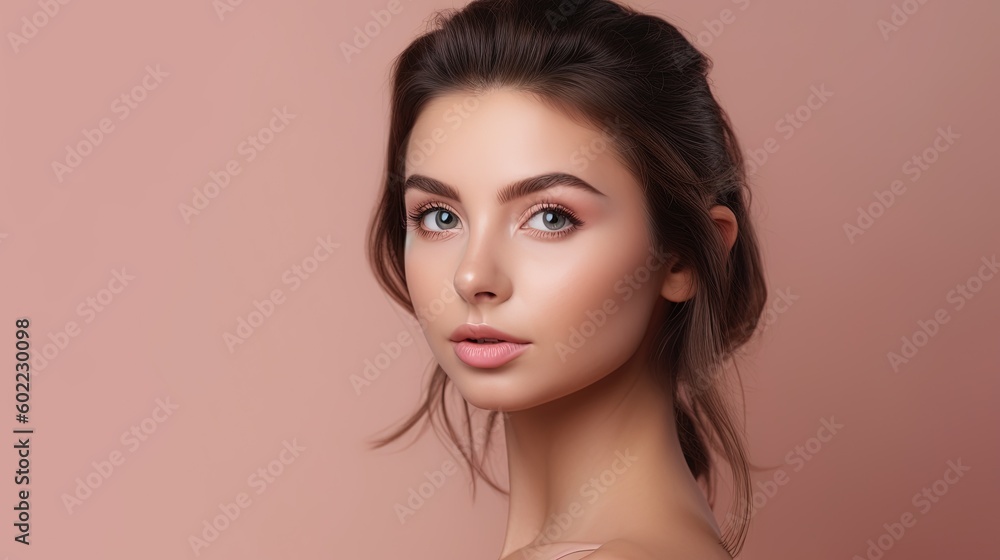 Portrait of beautiful young woman with clean fresh skin on pink background.Generative Ai Portrait of beautiful young woman with clean fresh skin on pink background.Generative Ai