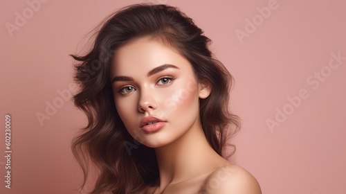 Portrait of beautiful young woman with clean fresh skin on pink background.Generative Ai
