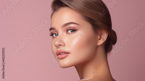 Portrait of beautiful young woman with clean fresh skin on pink background.Generative Ai