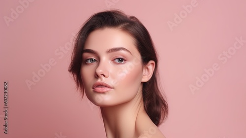 Portrait of beautiful young woman with clean fresh skin on pink background.Generative Ai