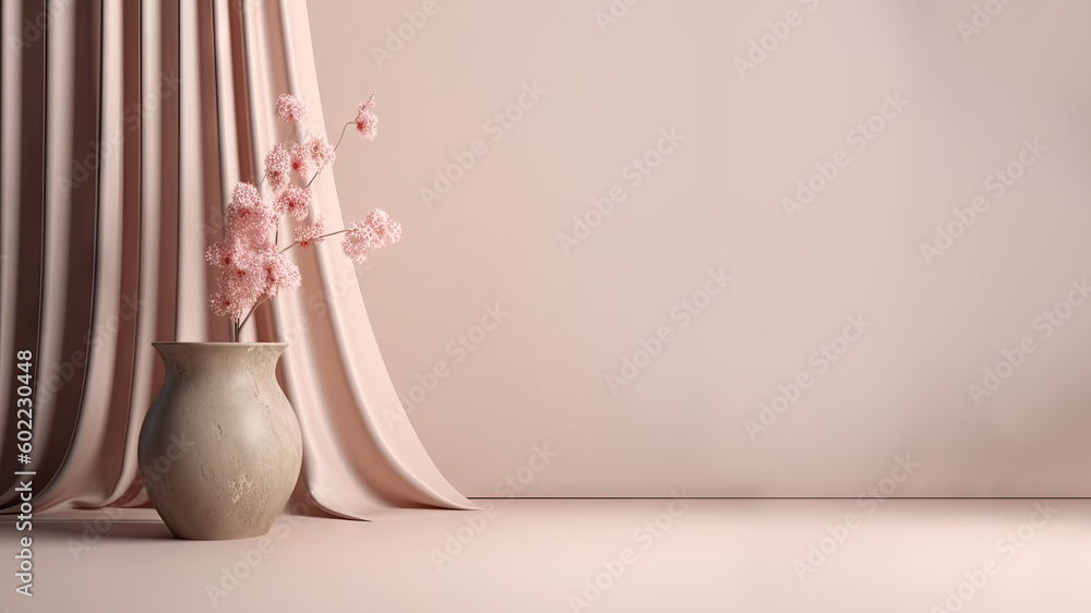 Podium beige and curtain. Pink flower in stone vase. Nature Blossom minimal pedestal for beauty, cosmetic product presentation. concept Summer and spring with copy space (AI Generated) Podium beige and curtain. Pink flower in stone vase. Nature Blossom minimal pedestal for beauty, cosmetic product presentation. concept Summer and spring with copy space (AI Generated)
