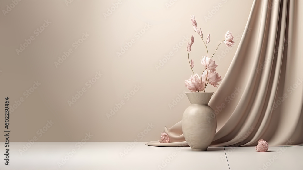 Podium beige and curtain. Pink flower in stone vase. Nature Blossom minimal pedestal for beauty, cosmetic product presentation. concept Summer and spring with copy space (AI Generated) Podium beige and curtain. Pink flower in stone vase. Nature Blossom minimal pedestal for beauty, cosmetic product presentation. concept Summer and spring with copy space (AI Generated)