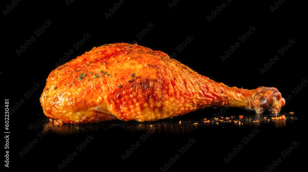 Closeup of spices fried chicken leg isolated on black background. Space for text. Delicious food. Generative AI Closeup of spices fried chicken leg isolated on black background. Space for text. Delicious food. Generative AI