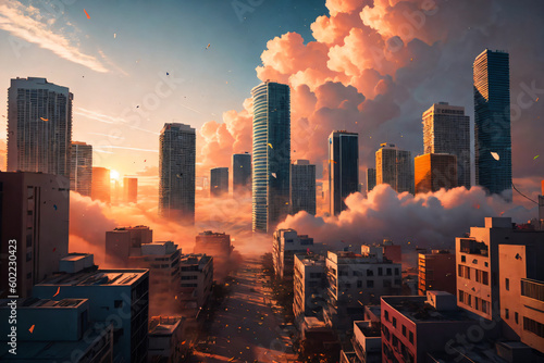 sunset over cloudy skyscrapers city skyline, generative ai