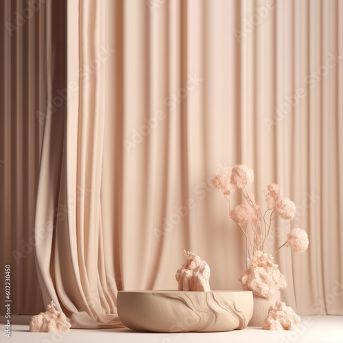 Podium beige and curtain. Pink flower in stone vase. Nature Blossom minimal pedestal for beauty  cosmetic product presentation. concept Summer and spring with copy space  AI Generated 
