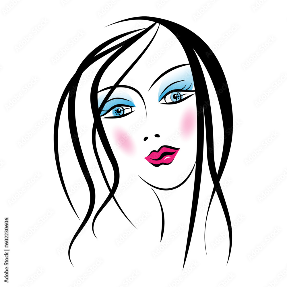 Face of a beautiful yuong woman with blue eyes and pink lips. Vector illustration. Face of a beautiful yuong woman with blue eyes and pink lips. Vector illustration.
