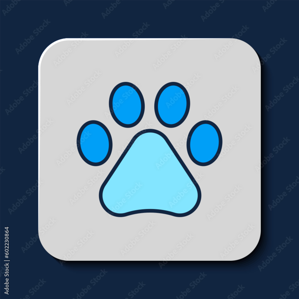 Filled outline Paw print icon isolated on blue background. Dog or cat paw print. Animal track. Vector Filled outline Paw print icon isolated on blue background. Dog or cat paw print. Animal track. Vector