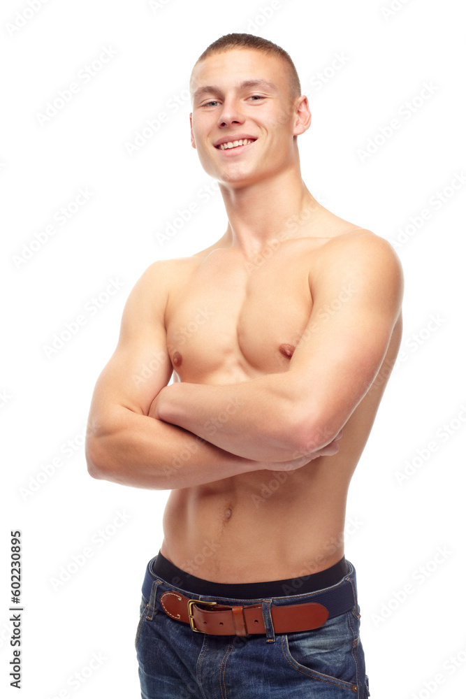 Muscle, portrait and man with arms crossed, strong and healthy guy isolated against a white studio background. Face, male person and model with confidence, wellness and bodybuilder with motivation Muscle, portrait and man with arms crossed, strong and healthy guy isolated against a white studio background. Face, male person and model with confidence, wellness and bodybuilder with motivation