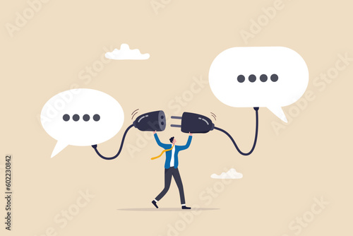 Communicate to solve problem, discussion or meeting to get new idea, collaboration or cooperate to success, connect idea for solution concept, businessman connect plug between conversation dialog.