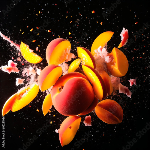 Peaches in the air. Creative illustration of the collision of peaches. Generative AI