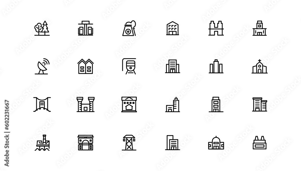 Set of building icons, such as city, apartment, condominium, town. Outline icons collection. Set of building icons, such as city, apartment, condominium, town. Outline icons collection.
