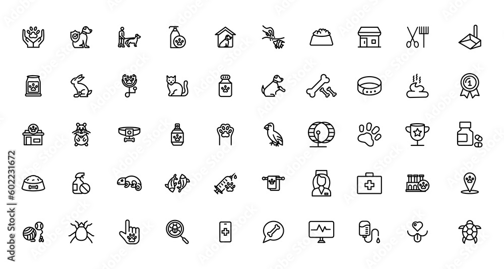 Set of pet icons, dog, cat, puppy, animals.Pet, vet, pet shop, types of pets - minimal thin line web icon set. Outline icons collection. Set of pet icons, dog, cat, puppy, animals.Pet, vet, pet shop, types of pets - minimal thin line web icon set. Outline icons collection.