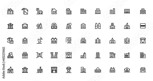 Set of building icons, such as city, apartment, condominium, town. Outline icons collection.