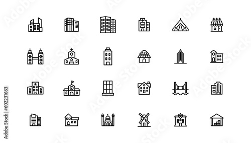 Set of building icons, such as city, apartment, condominium, town. Outline icons collection.