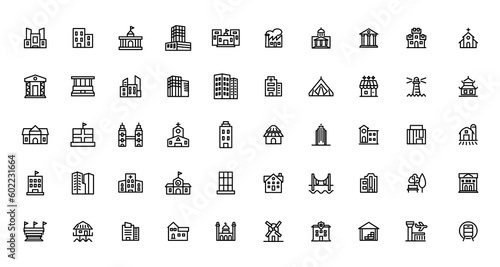 Set of building icons, such as city, apartment, condominium, town. Outline icons collection.