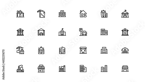Set of building icons, such as city, apartment, condominium, town. Outline icons collection.