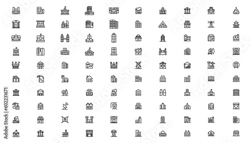 Set of building icons, such as city, apartment, condominium, town. Outline icons collection.