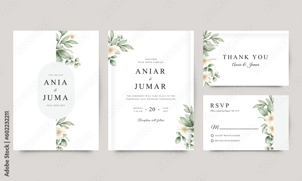 Wedding invitation card set with watercolor floral