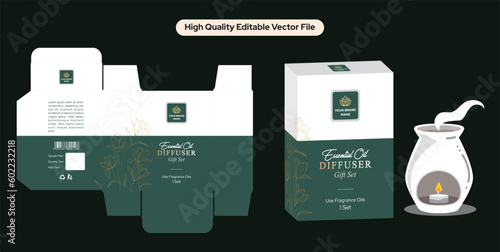 Essential oils aroma diffuser box packaging design. Home fragrance oils diffuser carton design. Hand-drawn flowers, Room perfume packaging, editable design with die line layout and realistic mockup.