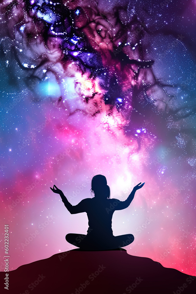 a woman meditating under a galaxy sky