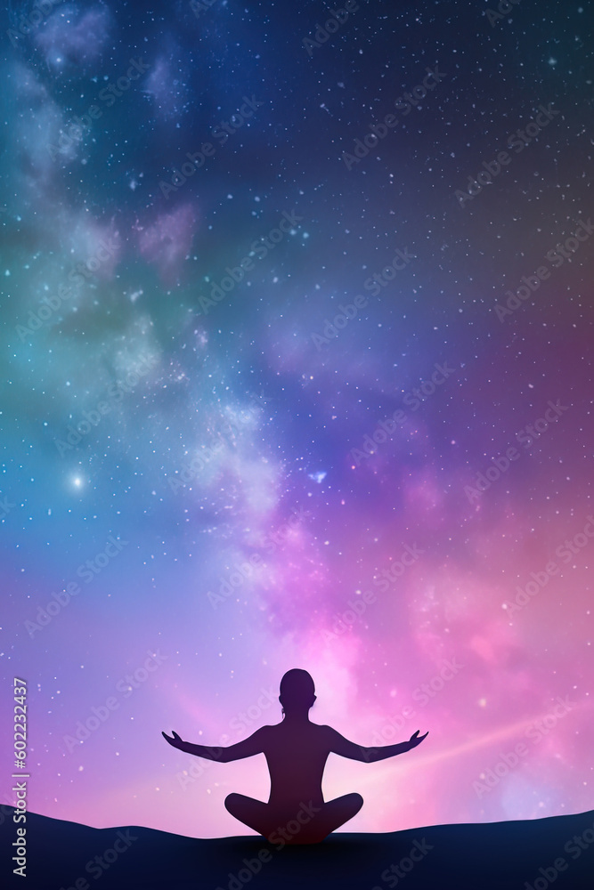 a woman meditating under a galaxy sky