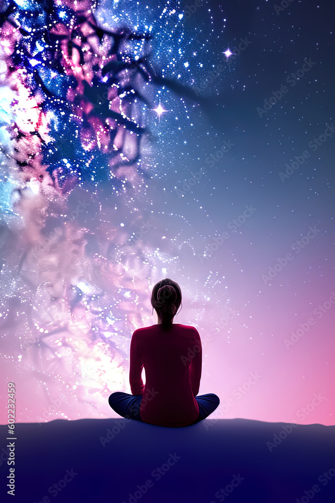 a woman meditating under a galaxy sky