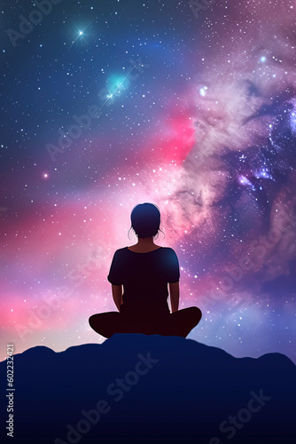 a woman meditating under a galaxy sky © dewaai