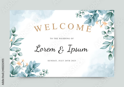 Welcome sign wedding card with watercolor leaves