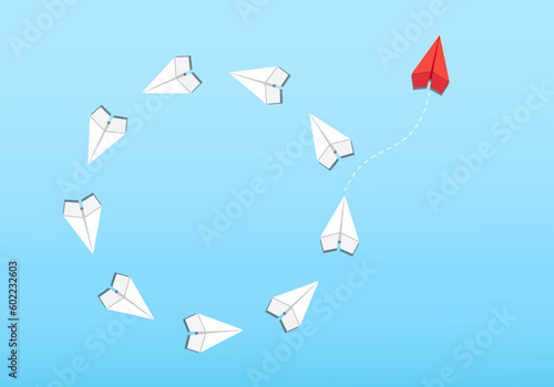 Group of paper plane in one direction and one individual pointing in different way. Business concept for creative innovative solution, leadership for new ideas.