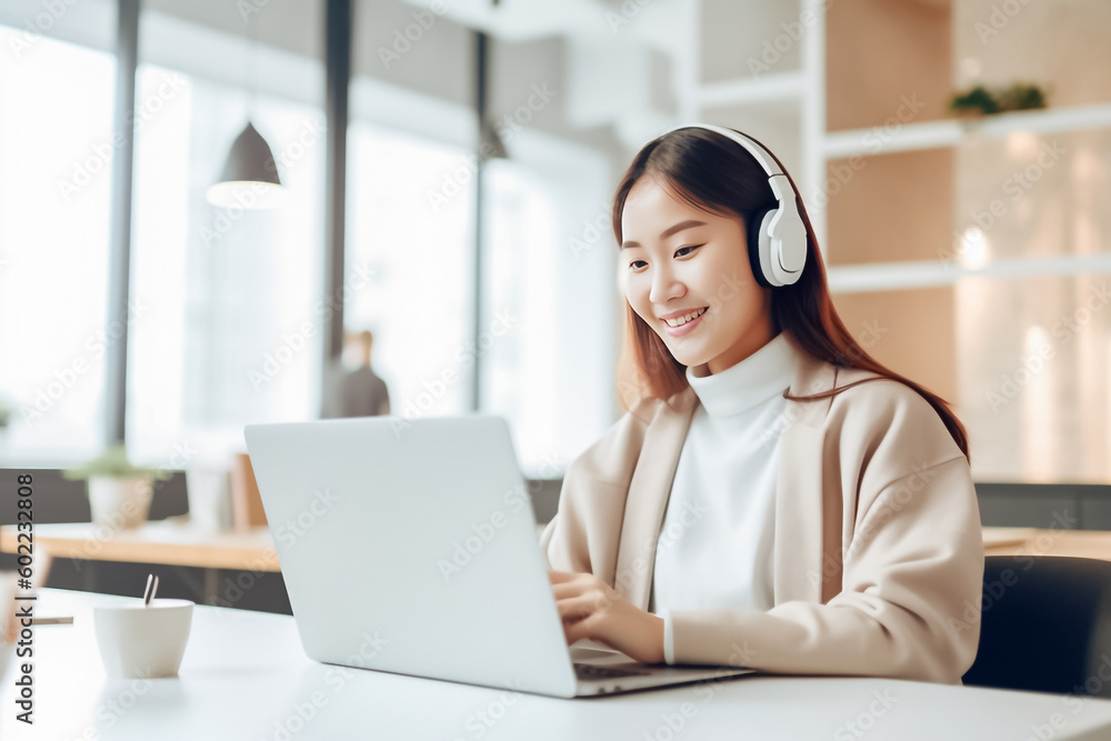 A tech savvy Asian woman in a sleek and modern office setting, using her laptop and headphones to stay productive while enjoying her favorite tunes. generative AI. A tech savvy Asian woman in a sleek and modern office setting, using her laptop and headphones to stay productive while enjoying her favorite tunes. generative AI.