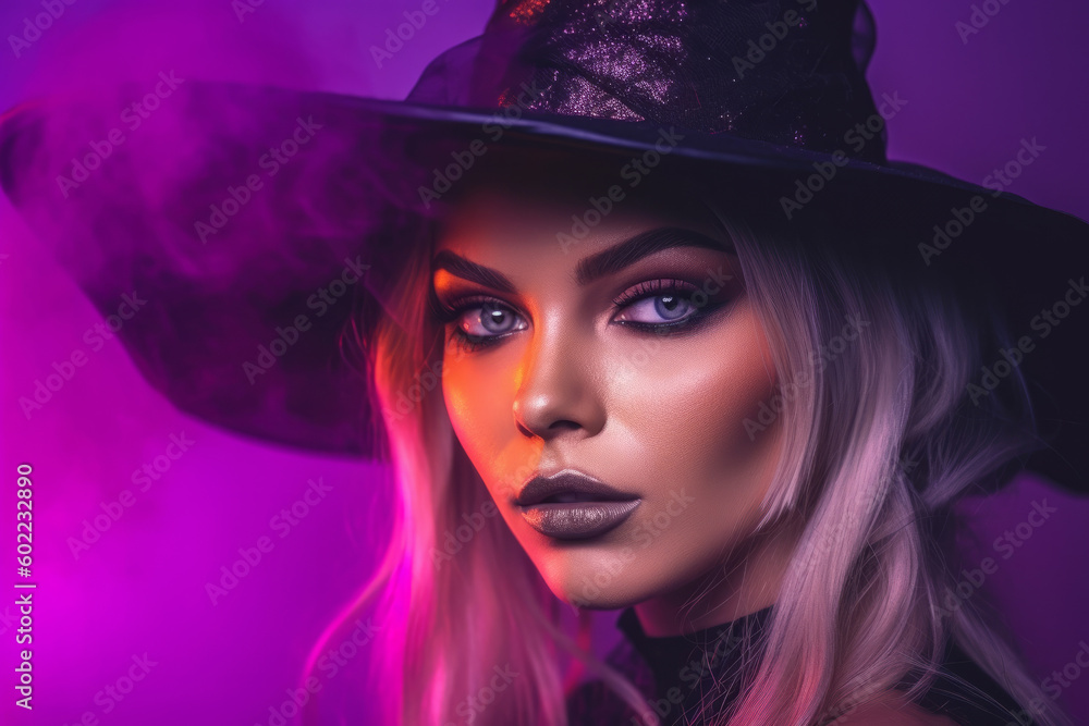 Portrait of a sexy halloween witch against a purple background. Generative ai Portrait of a sexy halloween witch against a purple background. Generative ai