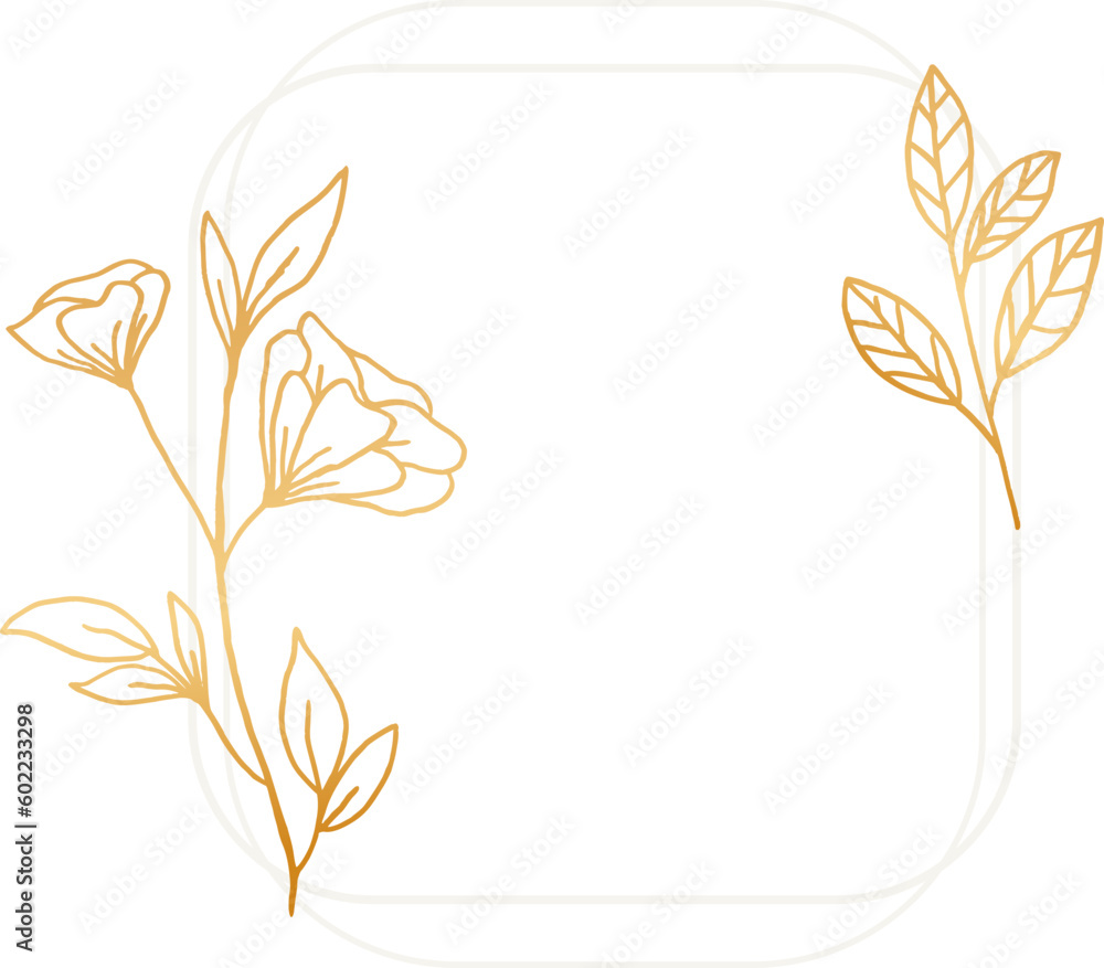 A simple frame with gold leaves and flowers in a white shape for wedding invitation, engagement, or greeting cards