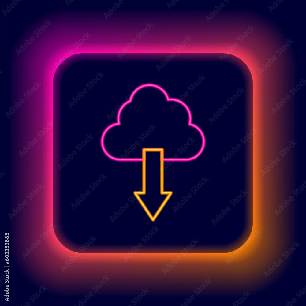 Glowing neon line Cloud download icon isolated on black background. Colorful outline concept. Vector Glowing neon line Cloud download icon isolated on black background. Colorful outline concept. Vector