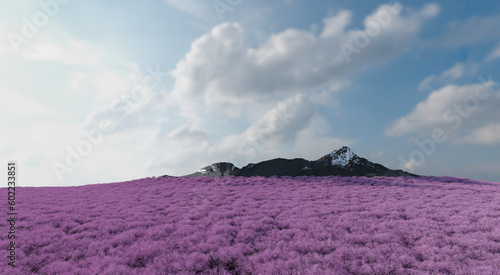 The sharp-shaped mountain is surrounded by a dense pink forest of lush trees with a backdrop of the sky and clouds. 3d rendering.