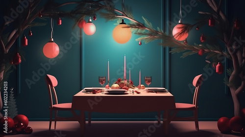 Christmas table with tree in background. Generative Ai