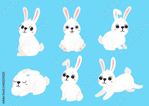 Vector set of cute rabbits in cartoon style. Bunny pet silhouette in different poses. Hare and rabbit colorful illustration for childrens book  postcards and posters.