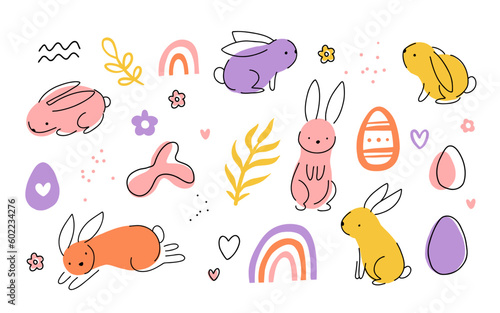 Set of Easter bunny in simple one line style. Colored Rabbit icon. line drawing of easter rabbit black and white minimalist hand drawn vector illustration. Isolated on white background.